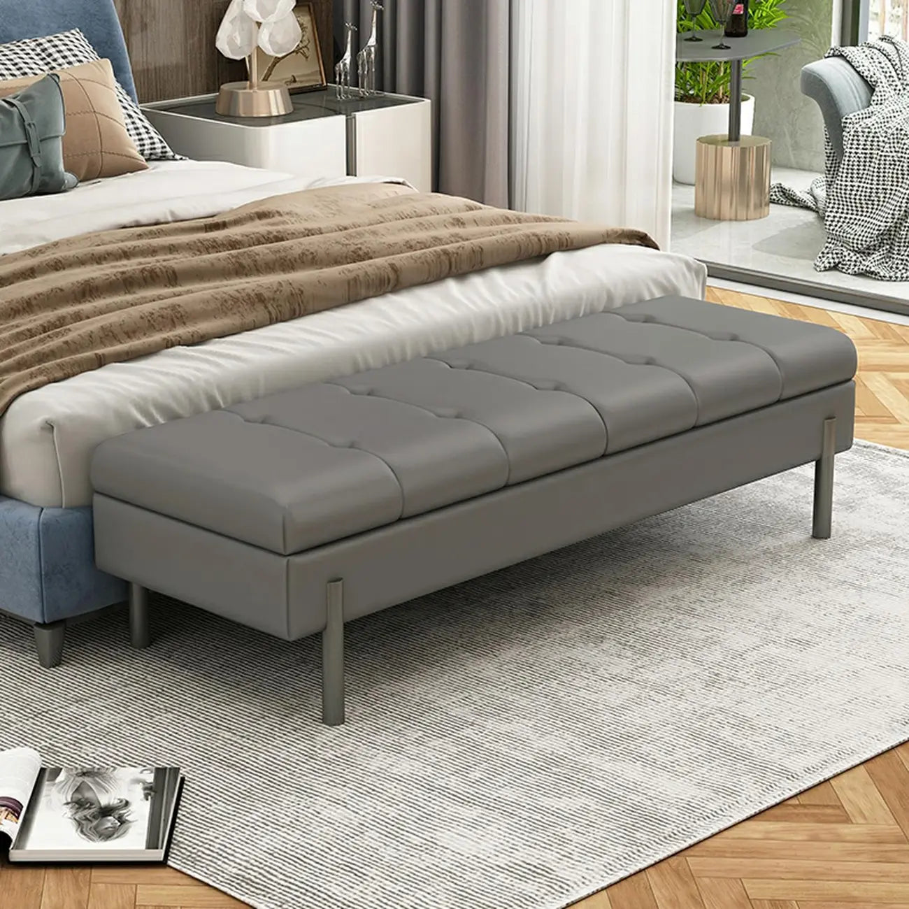 Modern Grey Upholstered Bedroom Bench with Hidden Storage