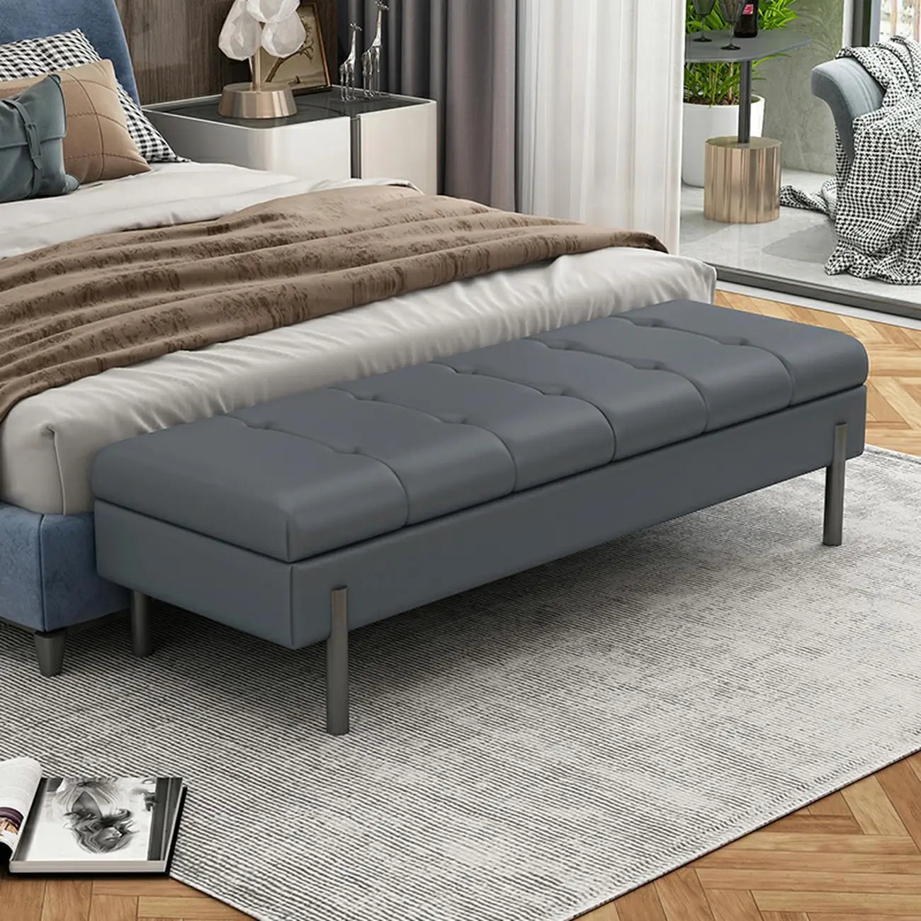 Modern Grey Upholstered Bedroom Bench with Hidden Storage