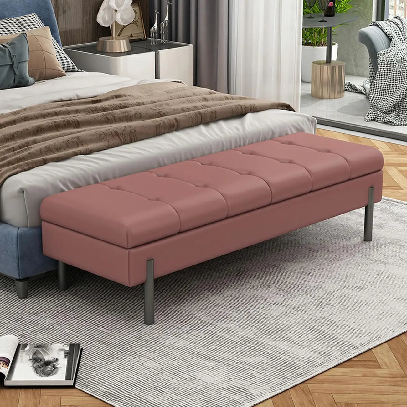 Modern Grey Upholstered Bedroom Bench with Hidden Storage