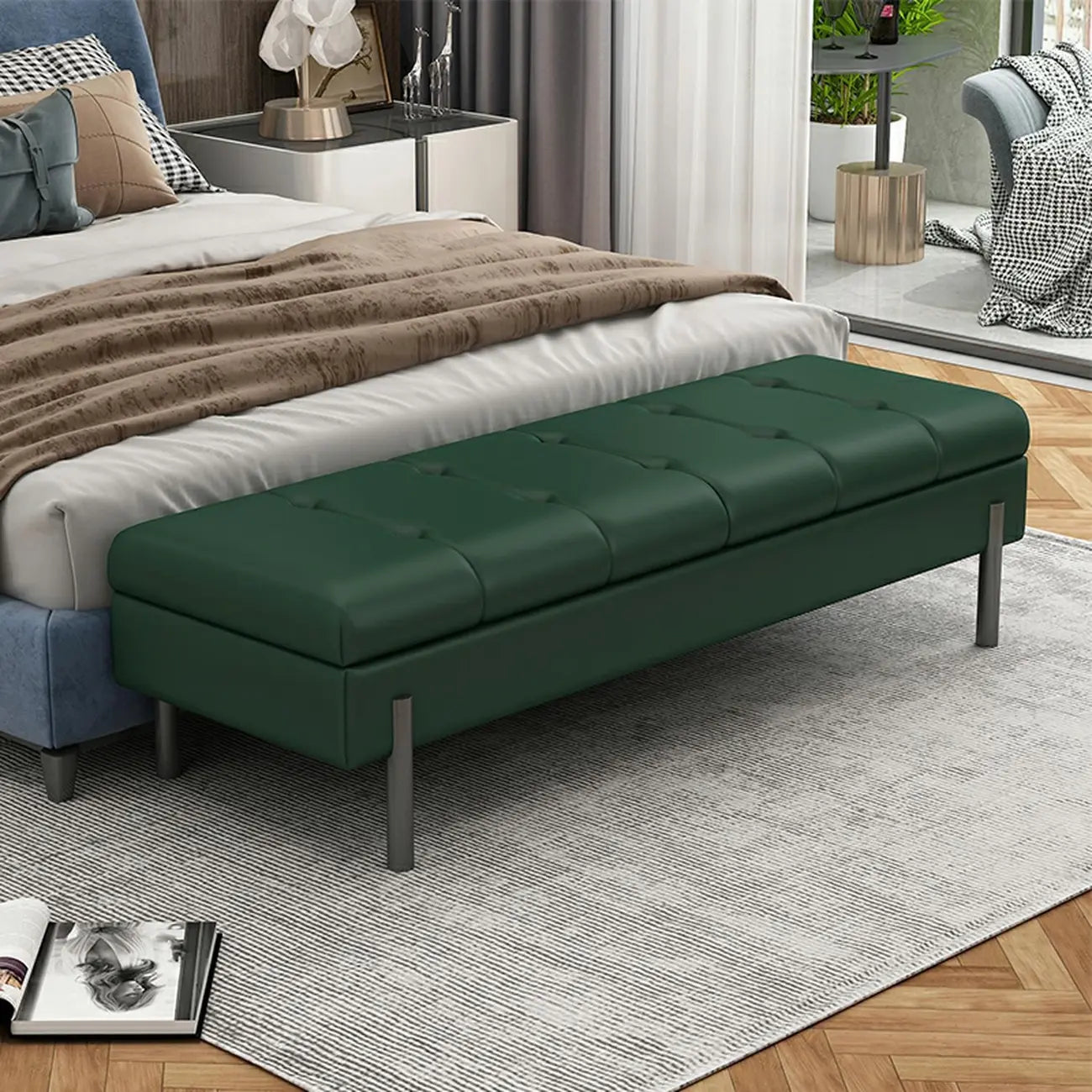 Modern Grey Upholstered Bedroom Bench with Hidden Storage