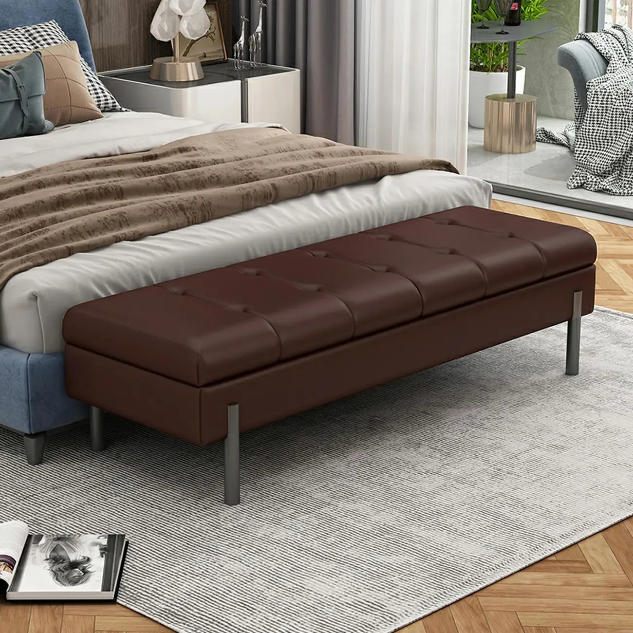 Modern Grey Upholstered Bedroom Bench with Hidden Storage