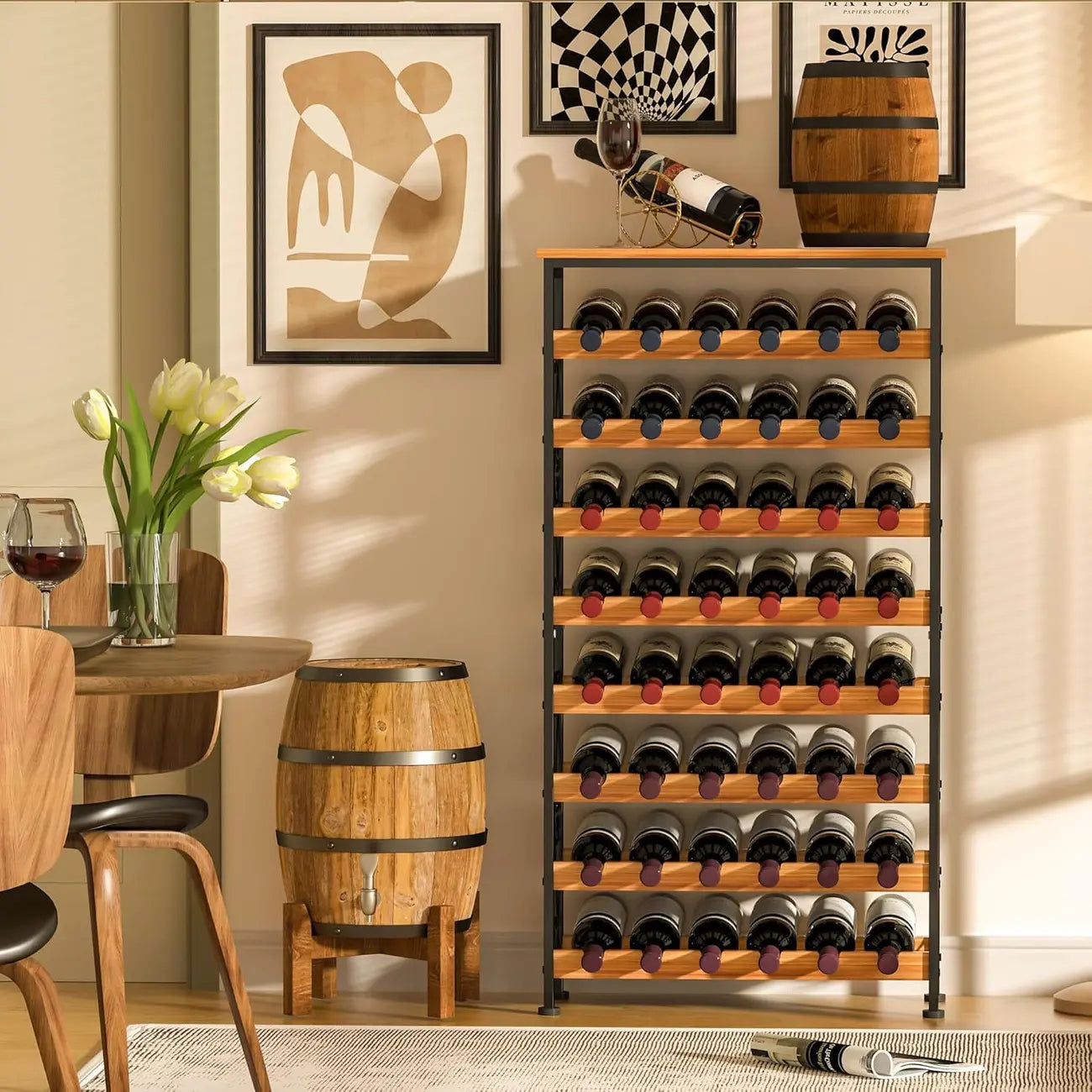 48 Bottle 8 Tier Wine Bottle Rack Freestanding Floor with Wooden Top
