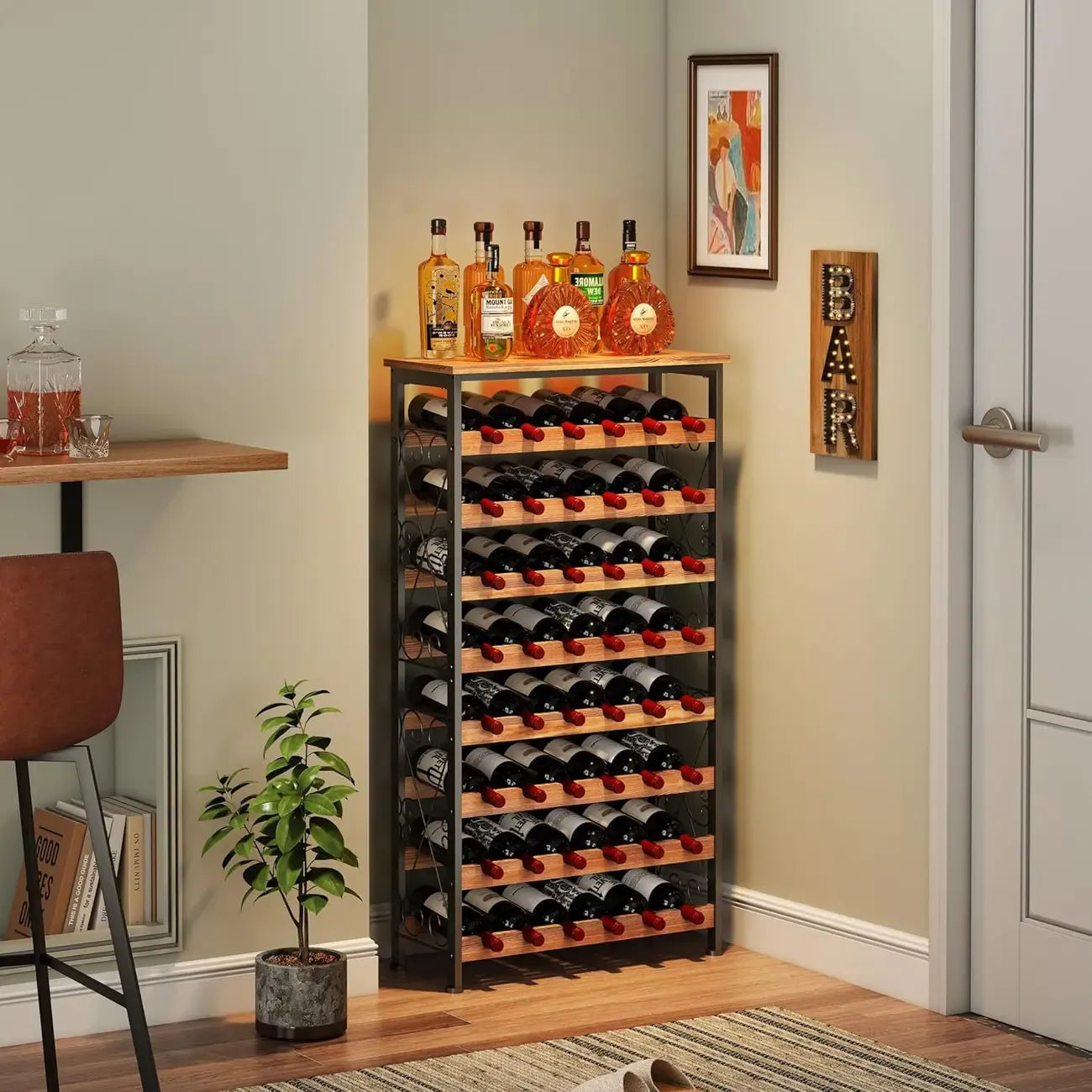 48 Bottle 8 Tier Wine Bottle Rack Freestanding Floor with Wooden Top
