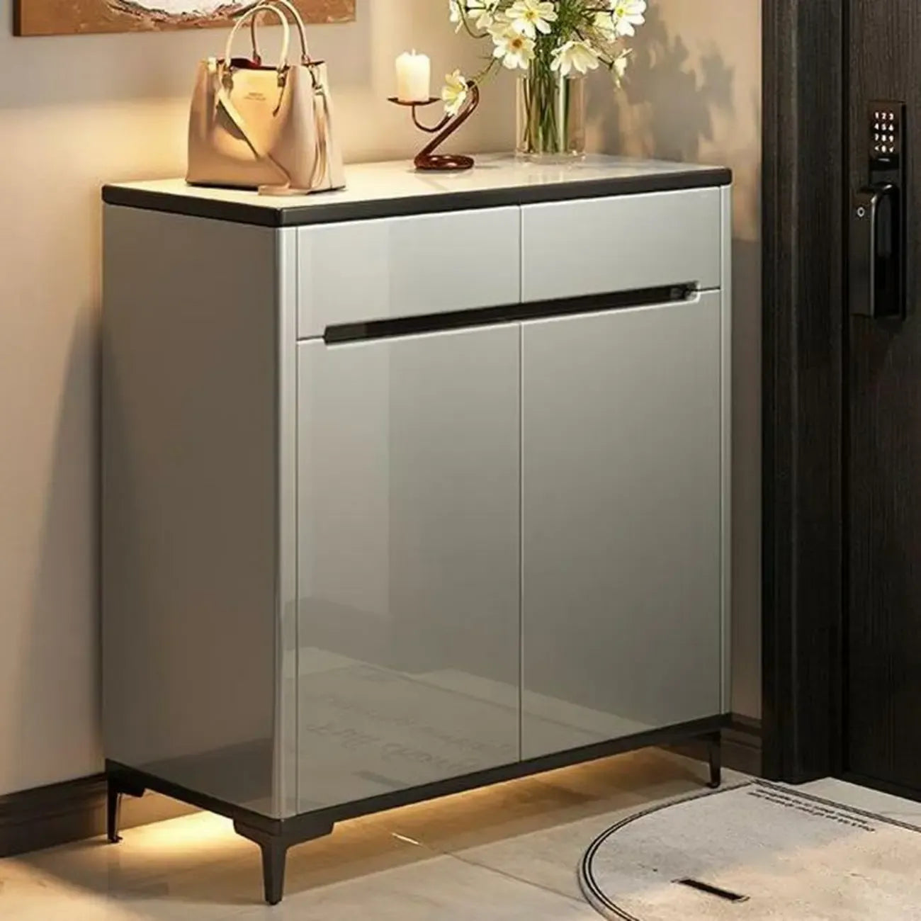 Sleek Entryway Wooden Shoe Storage Cabinet with Glass Top