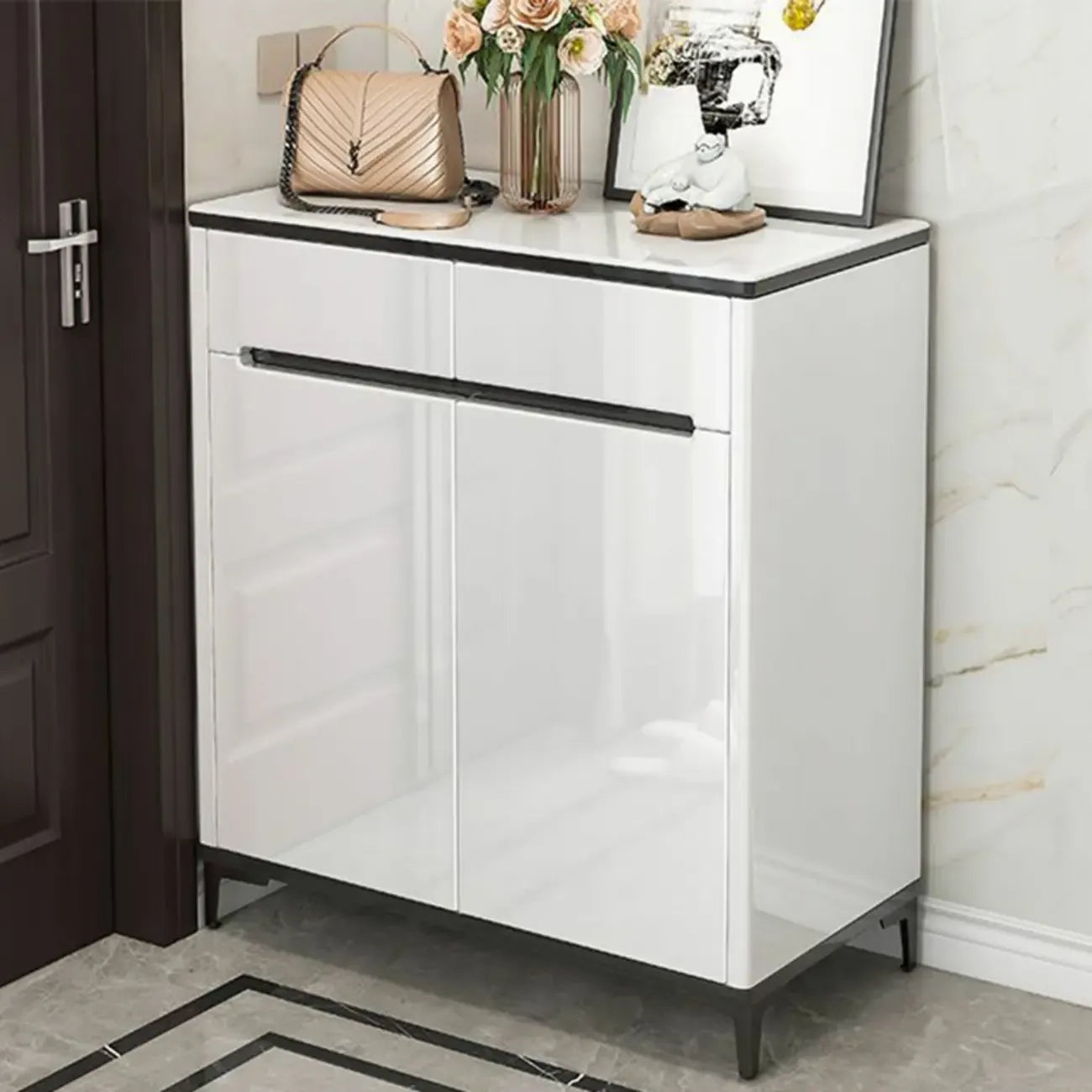 Sleek Entryway Wooden Shoe Storage Cabinet with Glass Top