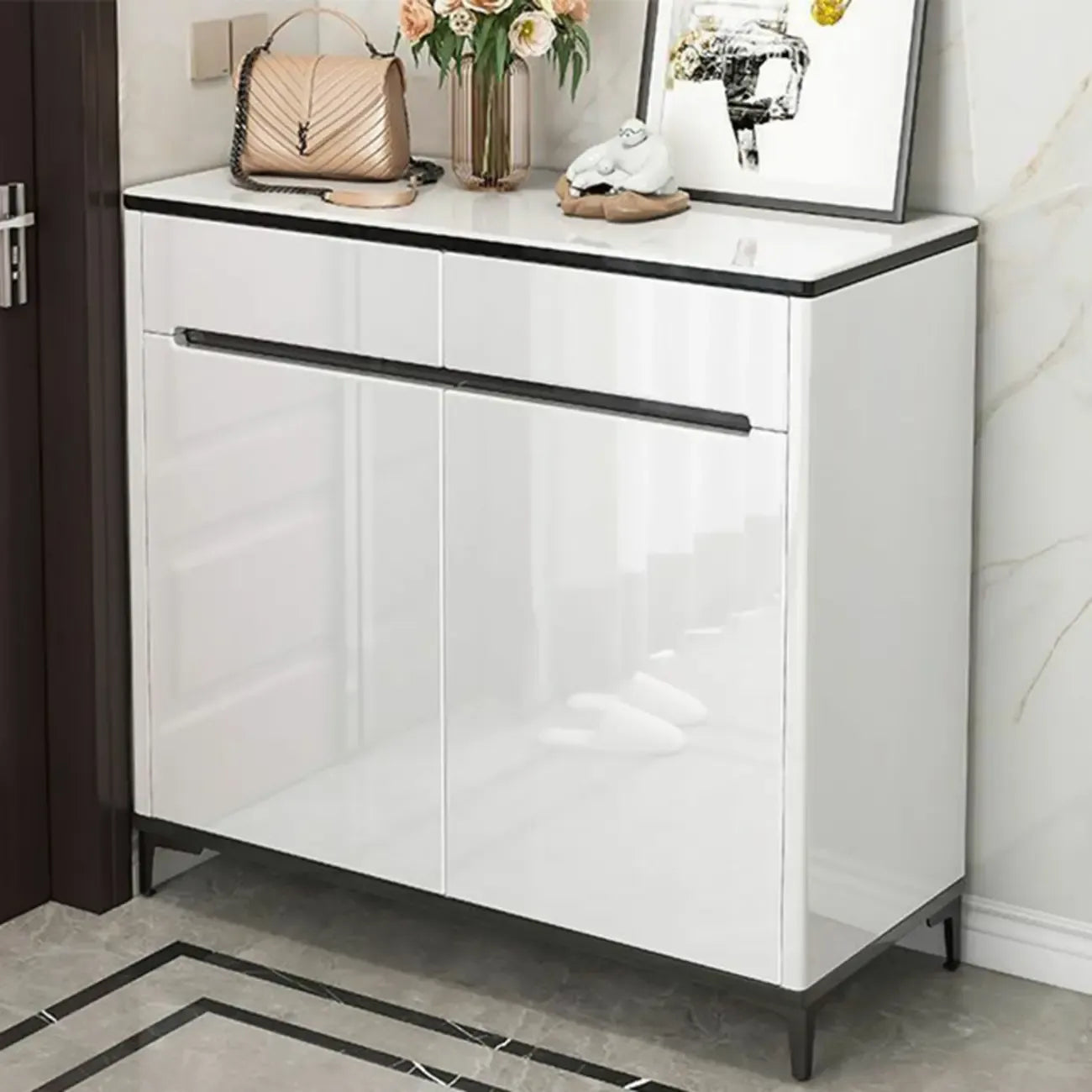 Sleek Entryway Wooden Shoe Storage Cabinet with Glass Top