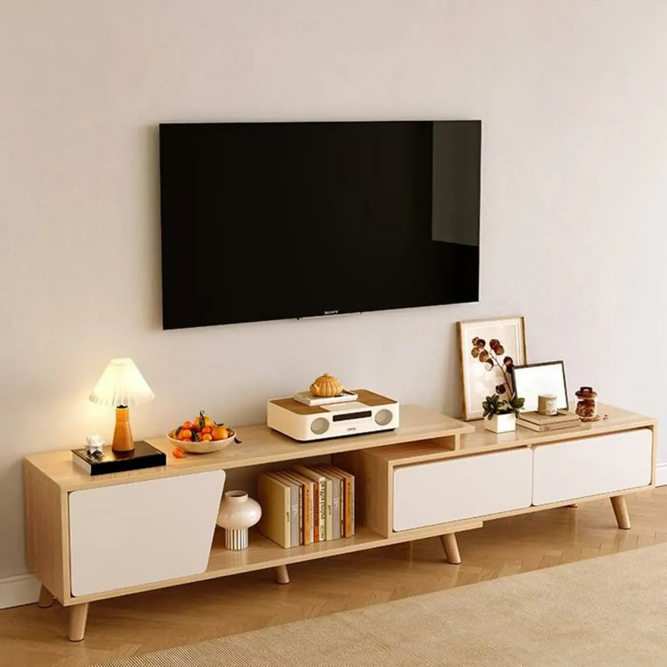 78.7 Natural Wood Open Storage Drawers TV Stand with Legs