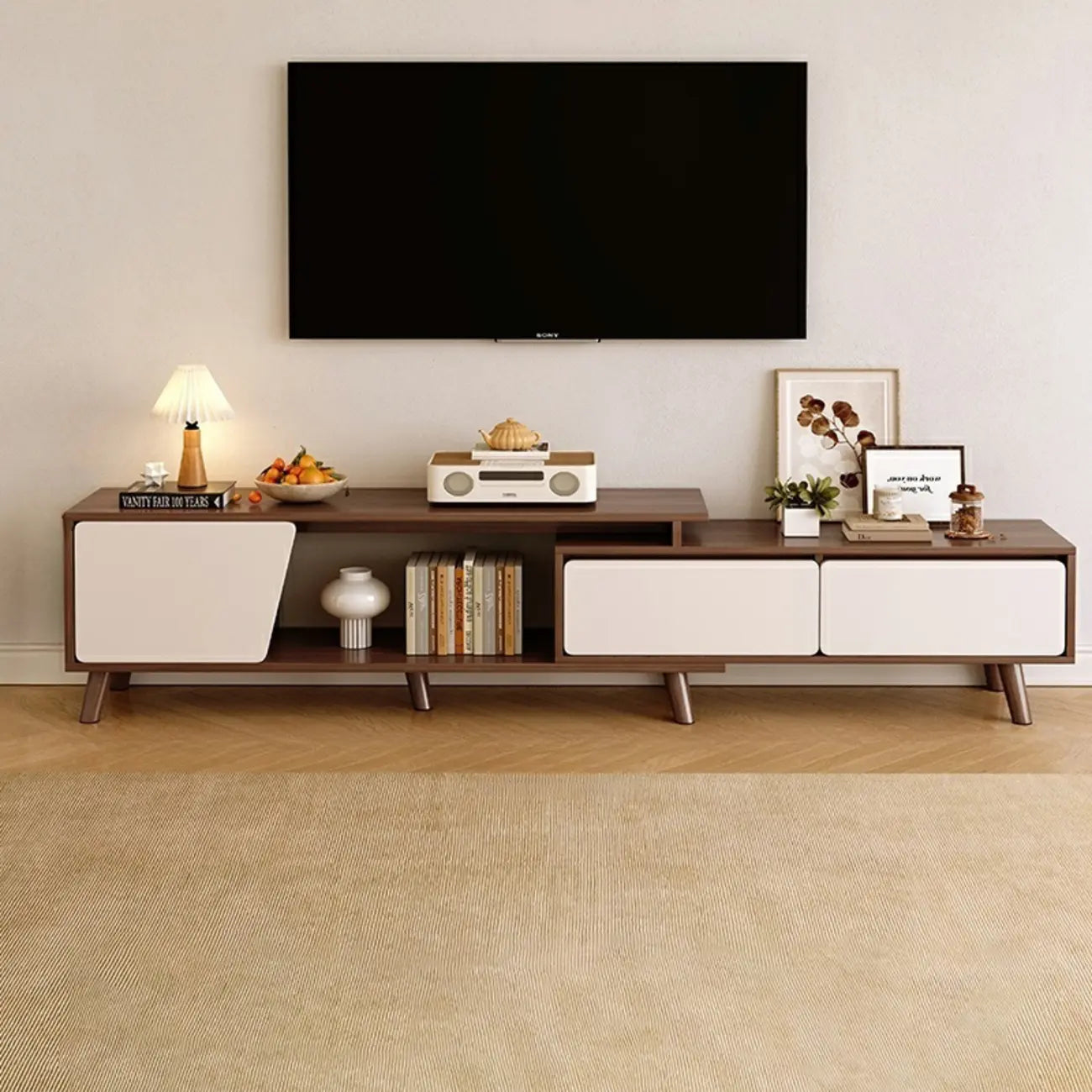 78.7 Natural Wood Open Storage Drawers TV Stand with Legs