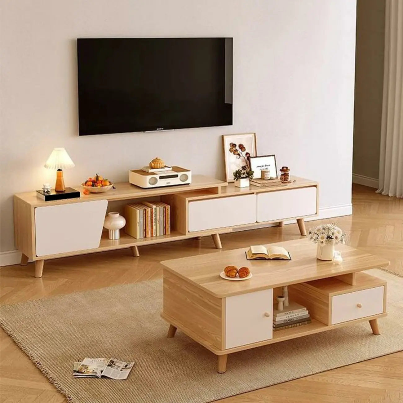 78.7 Natural Wood Open Storage Drawers TV Stand with Legs