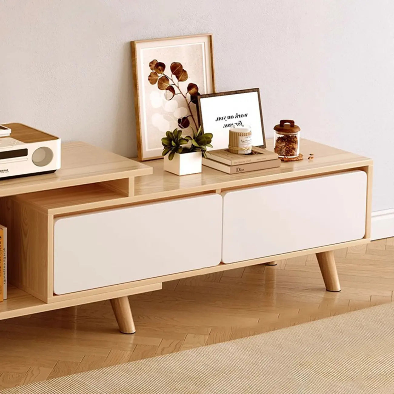 78.7 Natural Wood Open Storage Drawers TV Stand with Legs