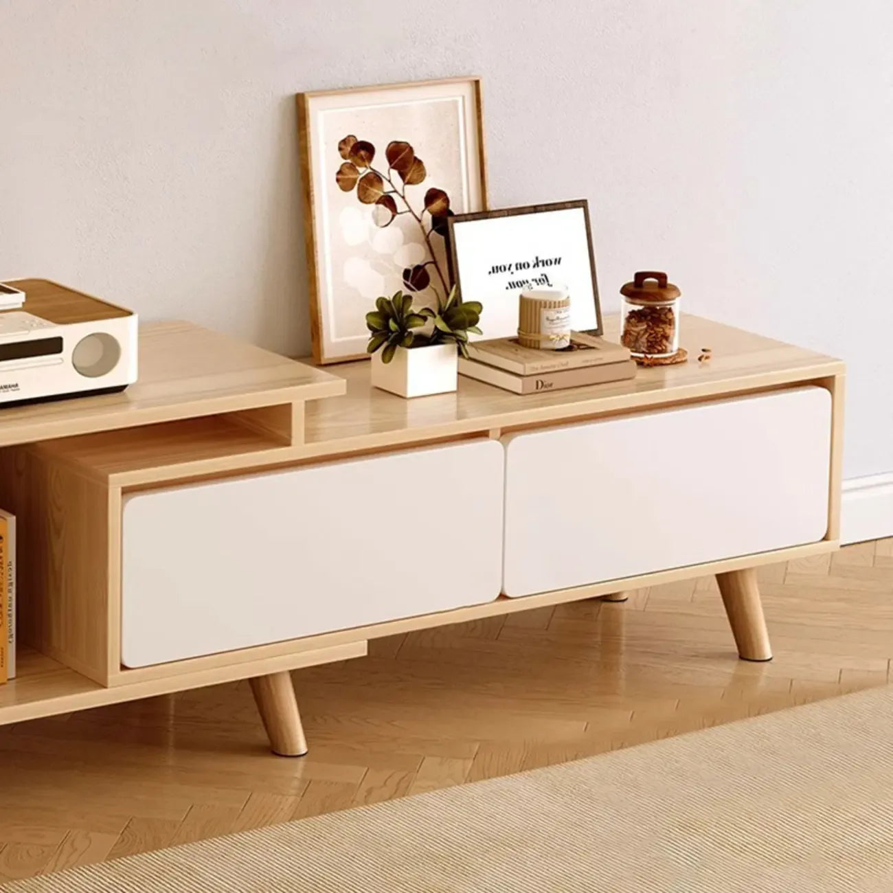78.7 Natural Wood Open Storage Drawers TV Stand with Legs