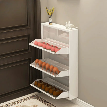 Gloss Black Wall Mounted Wooden Slim Drop Front Shoe Cabinet