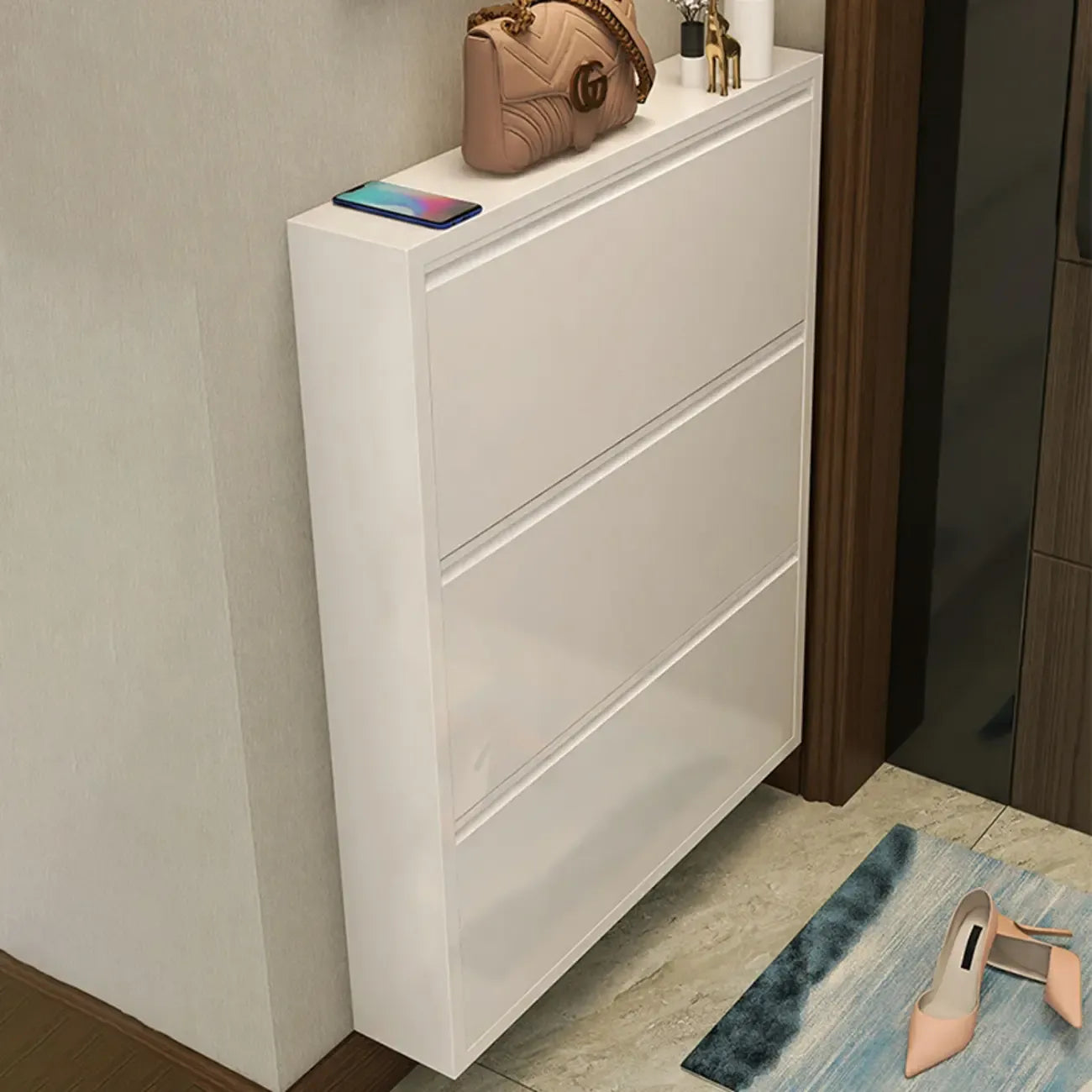 Gloss Black Wall Mounted Wooden Slim Drop Front Shoe Cabinet