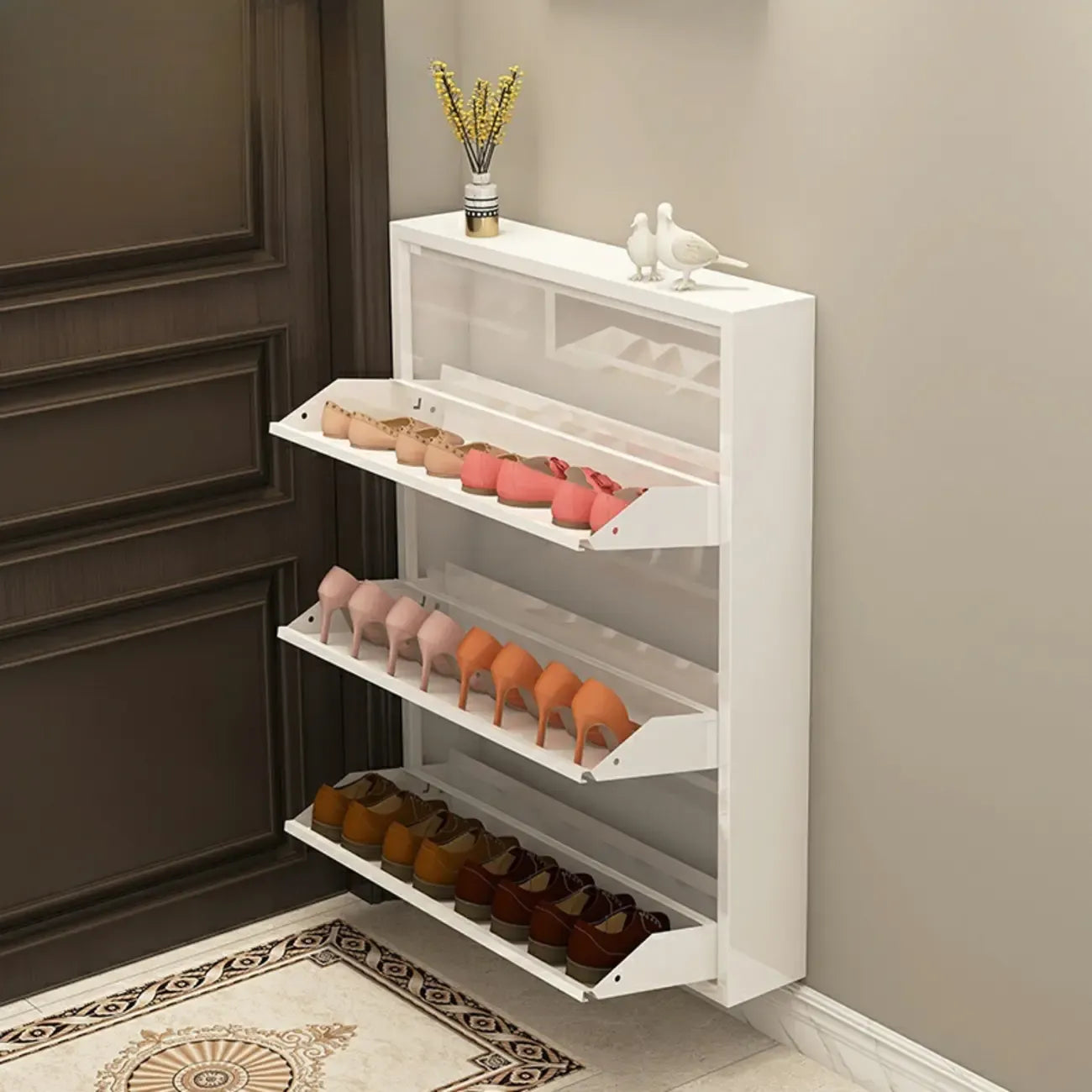 Gloss Black Wall Mounted Wooden Slim Drop Front Shoe Cabinet