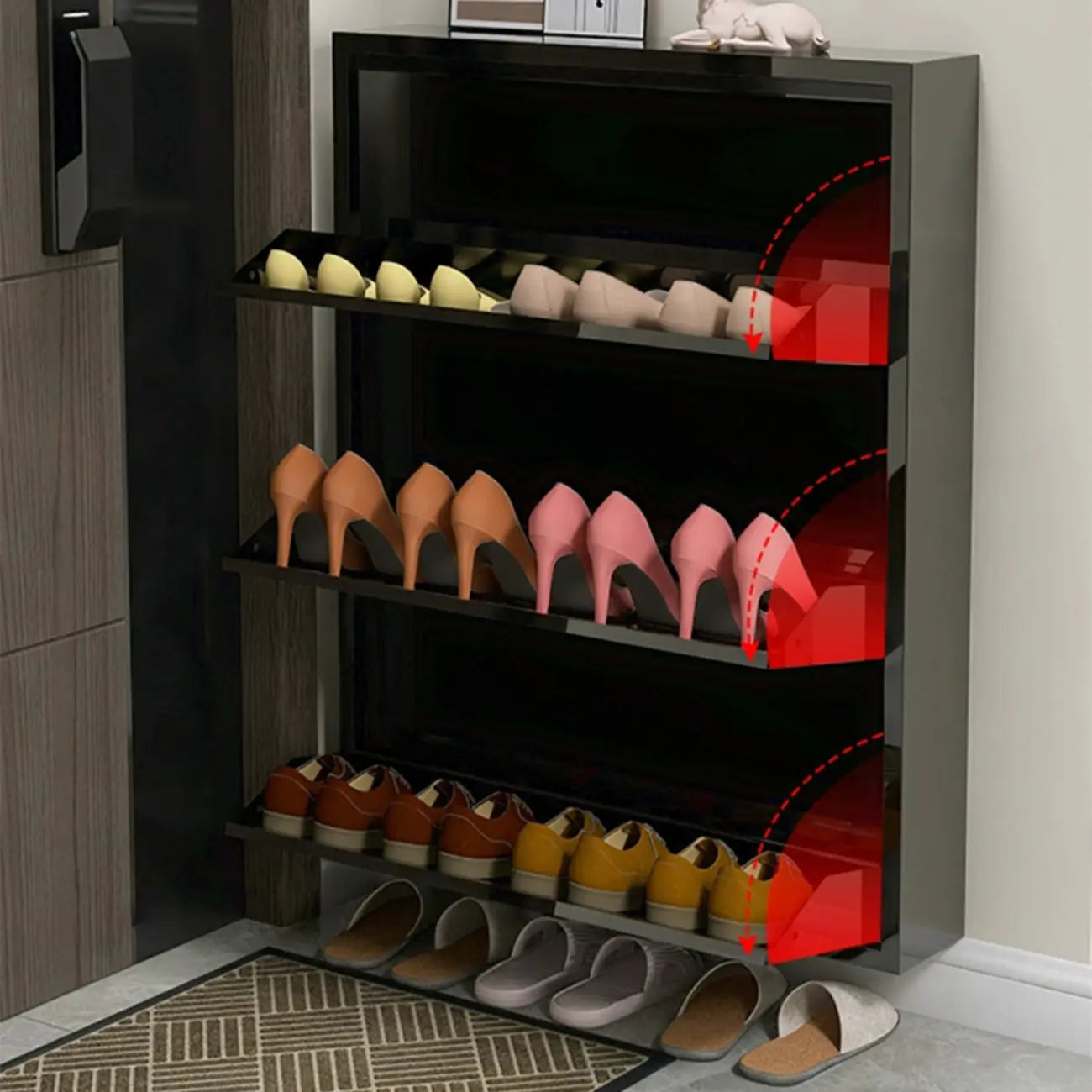 Gloss Black Wall Mounted Wooden Slim Drop Front Shoe Cabinet