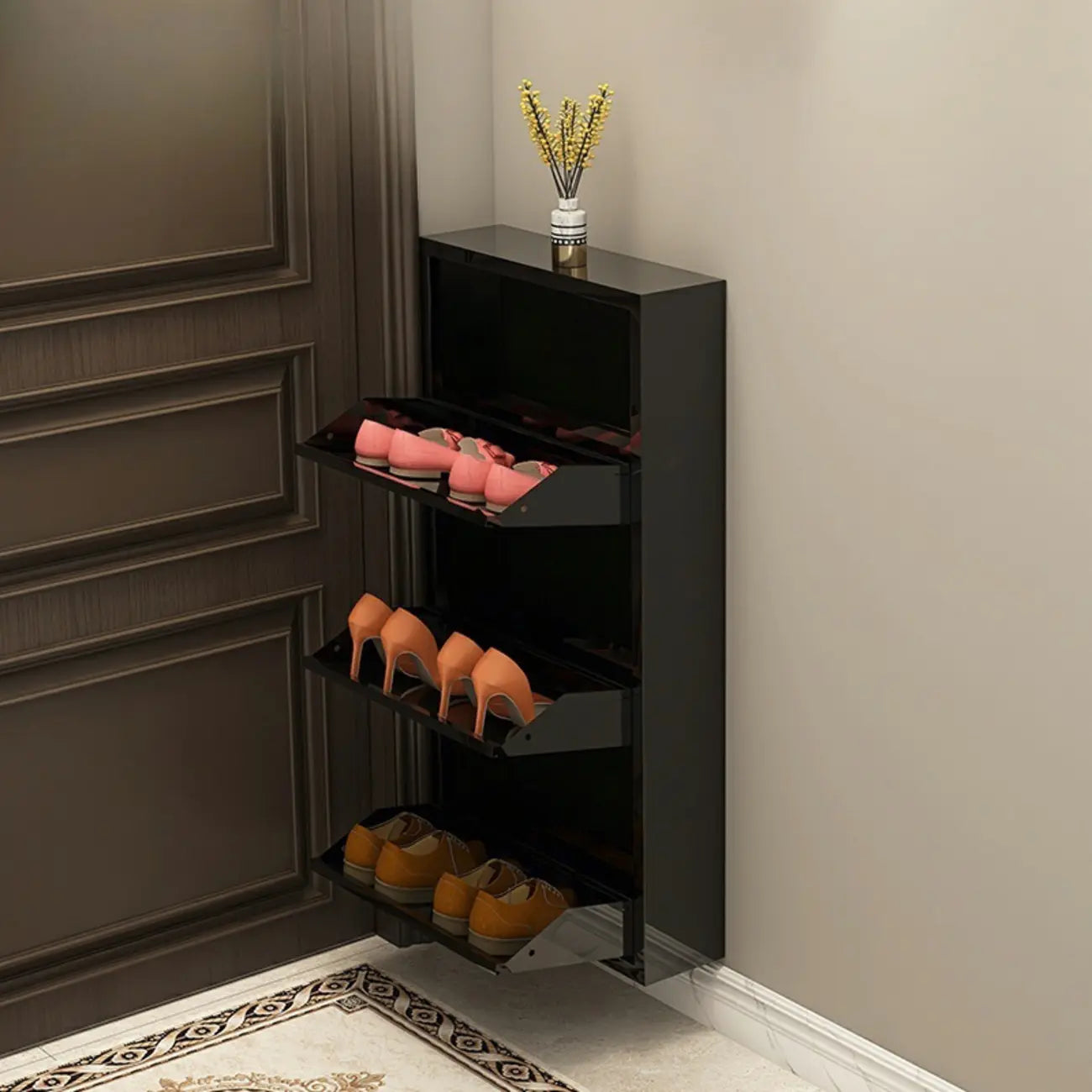 Gloss Black Wall Mounted Wooden Slim Drop Front Shoe Cabinet