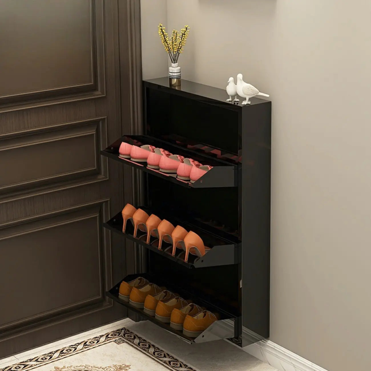 Gloss Black Wall Mounted Wooden Slim Drop Front Shoe Cabinet