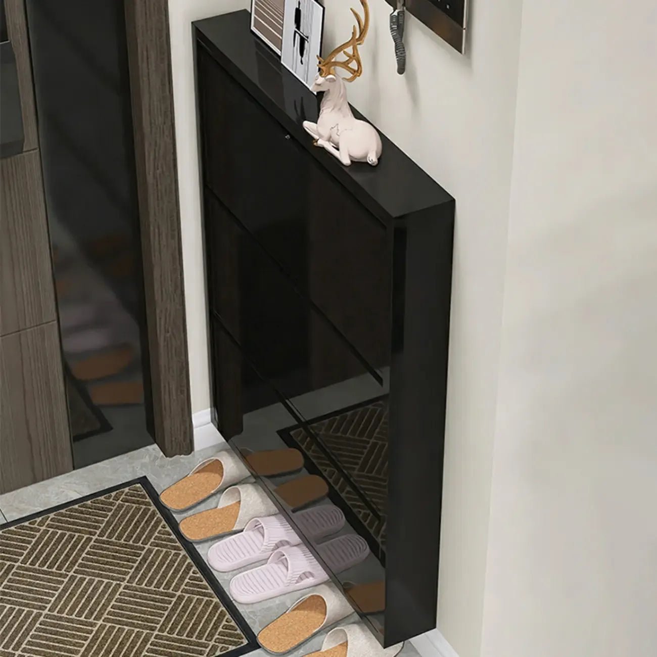Gloss Black Wall Mounted Wooden Slim Drop Front Shoe Cabinet