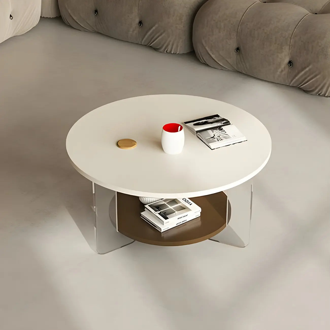 White Brown Wood Round Coffee Table with Shelf and Plastic Leg