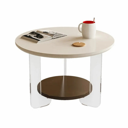 White Brown Wood Round Coffee Table with Shelf and Plastic Leg