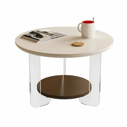 White Brown Wood Round Coffee Table with Shelf and Plastic Leg