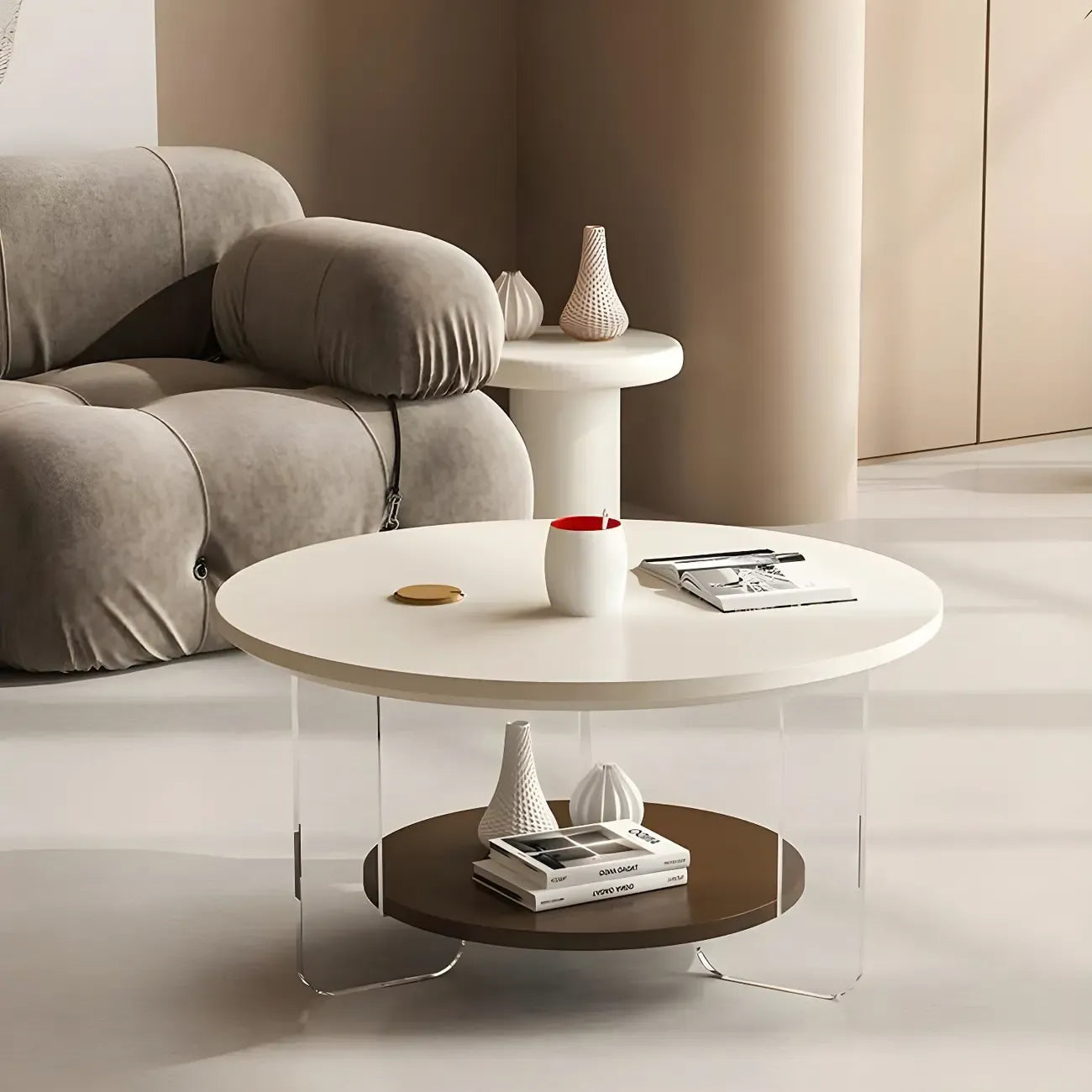 White Brown Wood Round Coffee Table with Shelf and Plastic Leg