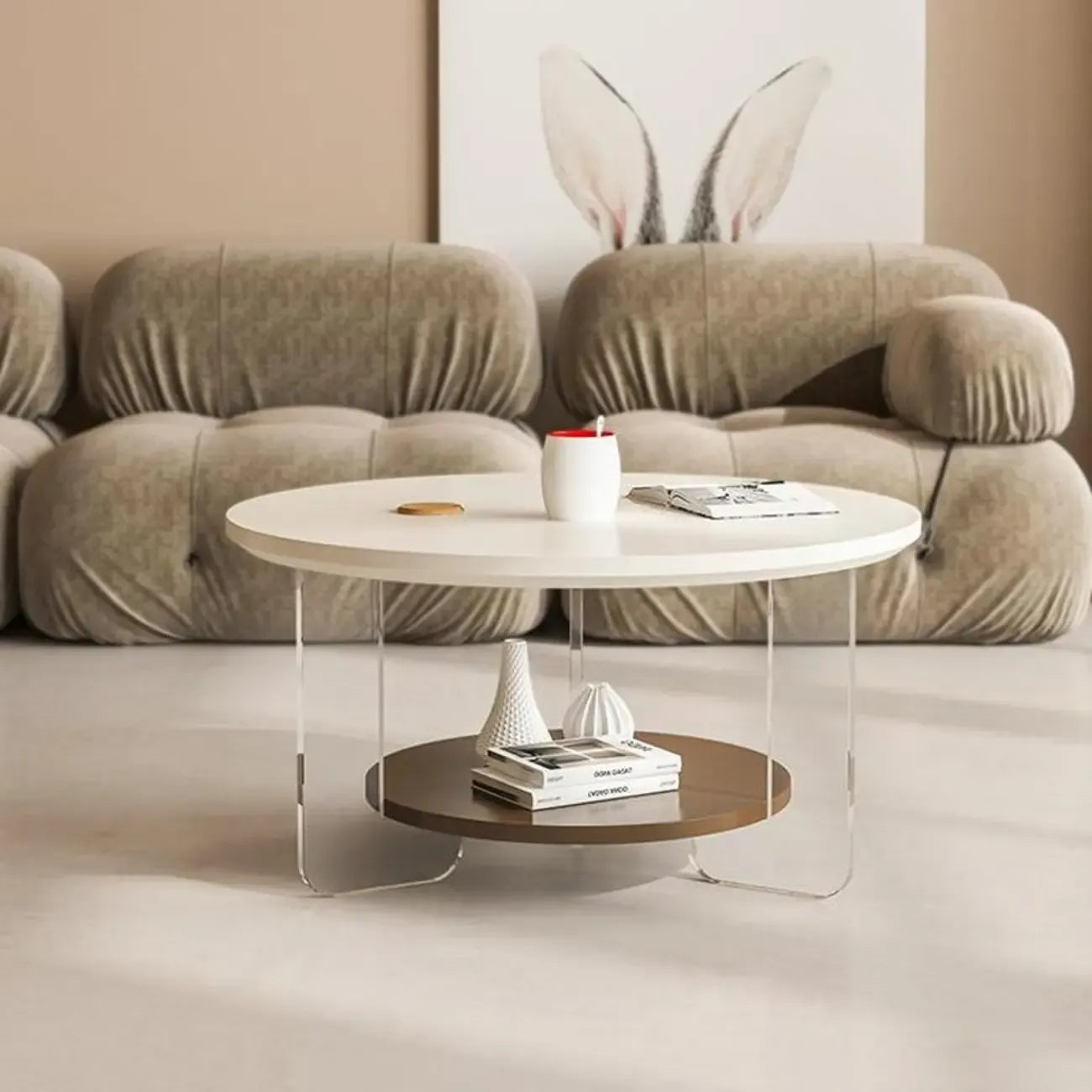 White Brown Wood Round Coffee Table with Shelf and Plastic Leg
