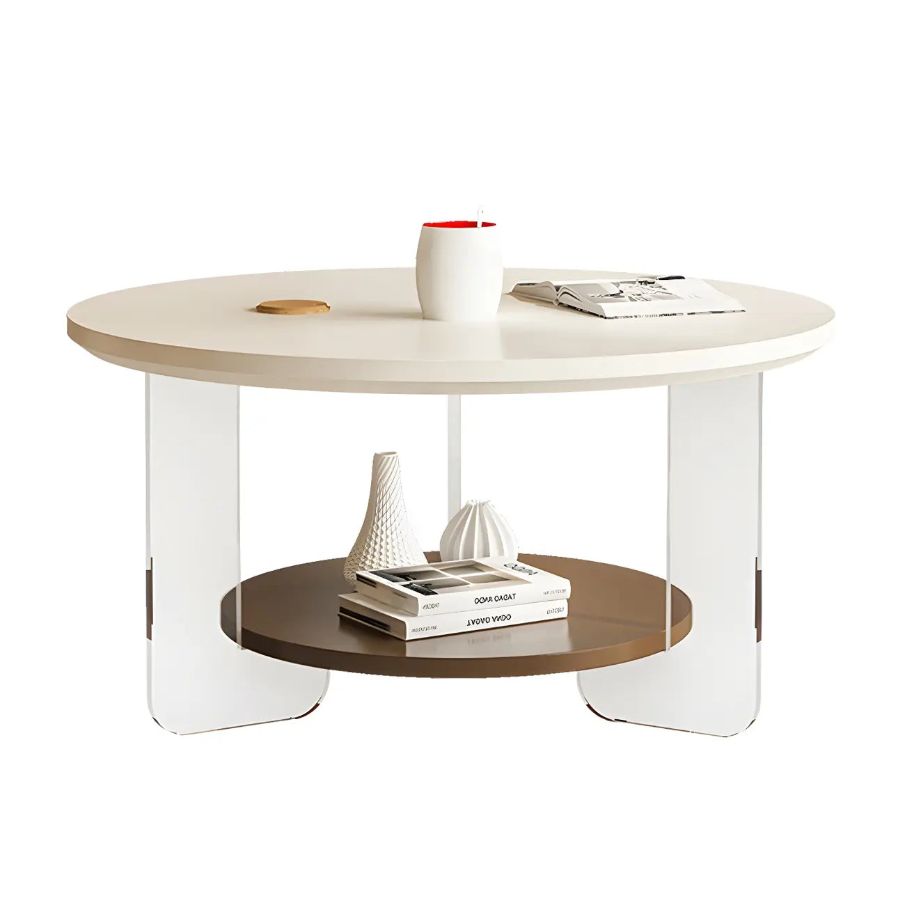 White Brown Wood Round Coffee Table with Shelf and Plastic Leg
