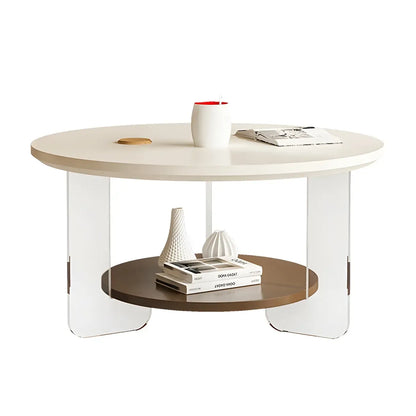 White Brown Wood Round Coffee Table with Shelf and Plastic Leg