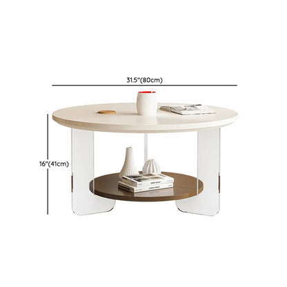 White Brown Wood Round Coffee Table with Shelf and Plastic Leg