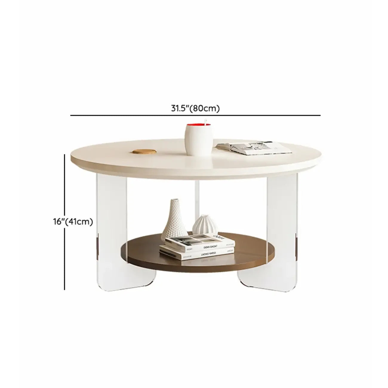 White Brown Wood Round Coffee Table with Shelf and Plastic Leg