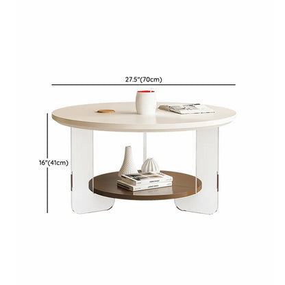 White Brown Wood Round Coffee Table with Shelf and Plastic Leg