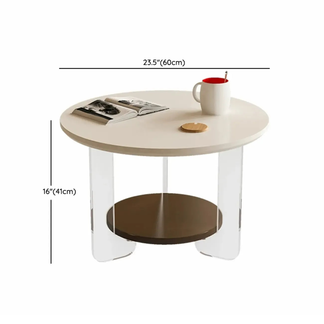 White Brown Wood Round Coffee Table with Shelf and Plastic Leg