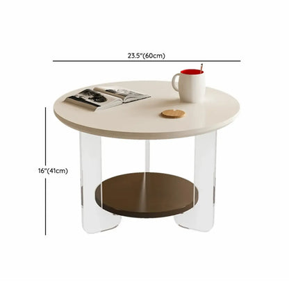 White Brown Wood Round Coffee Table with Shelf and Plastic Leg