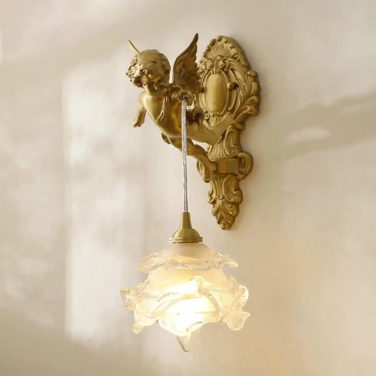 Artistic Vintage Gold Angel Wall Sconce with Crystal Shade