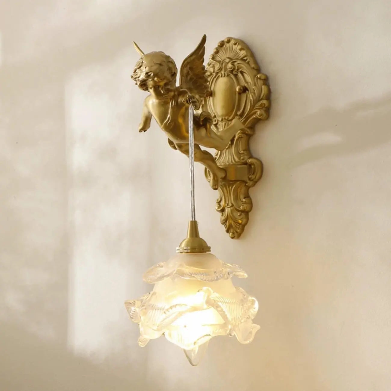 Artistic Vintage Gold Angel Wall Sconce with Crystal Shade