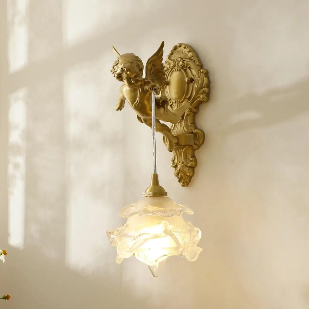 Artistic Vintage Gold Angel Wall Sconce with Crystal Shade