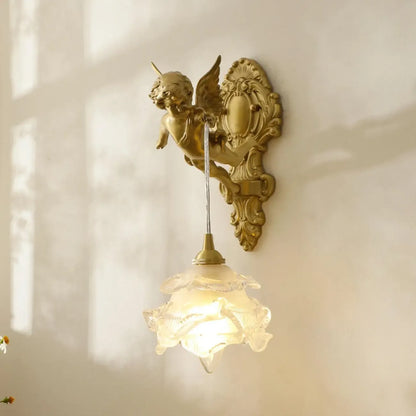 Artistic Vintage Gold Angel Wall Sconce with Crystal Shade