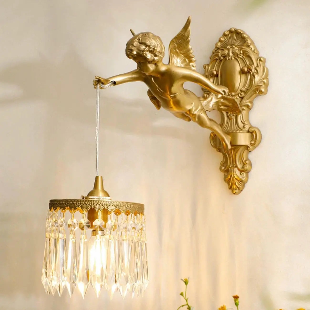 Artistic Vintage Gold Angel Wall Sconce with Crystal Shade