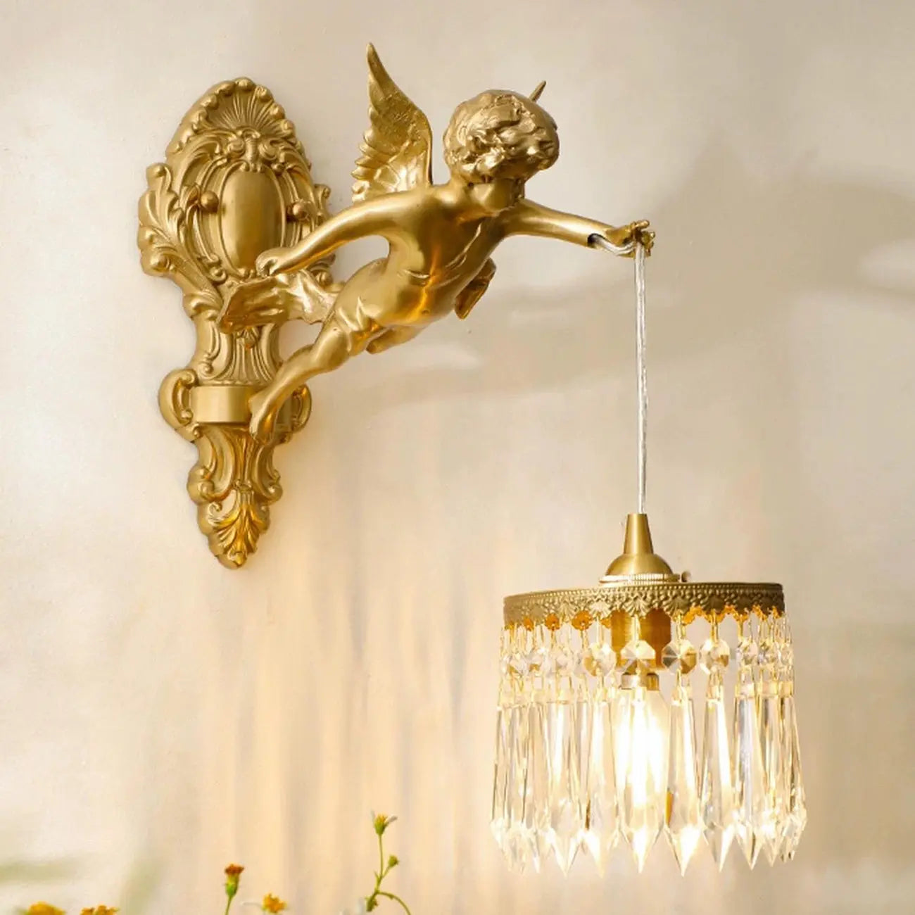 Artistic Vintage Gold Angel Wall Sconce with Crystal Shade