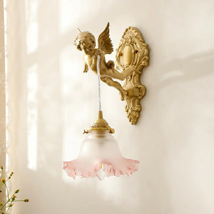 Artistic Vintage Gold Angel Wall Sconce with Crystal Shade