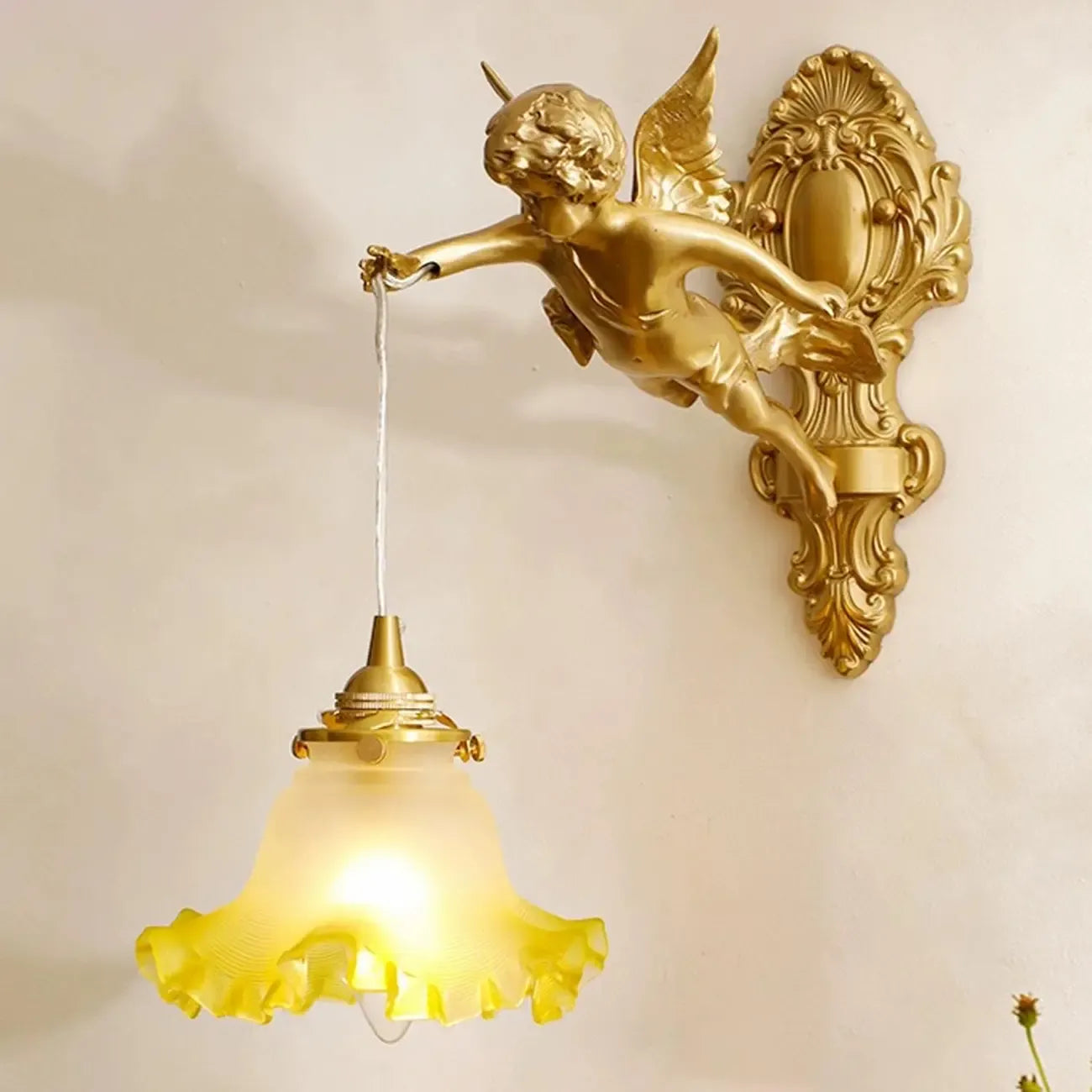 Artistic Vintage Gold Angel Wall Sconce with Crystal Shade
