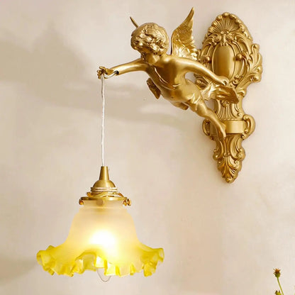 Artistic Vintage Gold Angel Wall Sconce with Crystal Shade