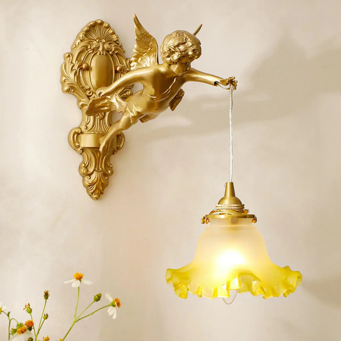 Artistic Vintage Gold Angel Wall Sconce with Crystal Shade