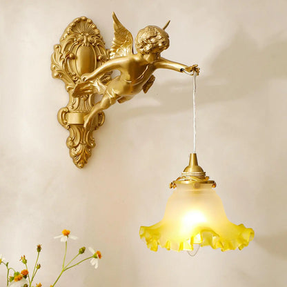 Artistic Vintage Gold Angel Wall Sconce with Crystal Shade