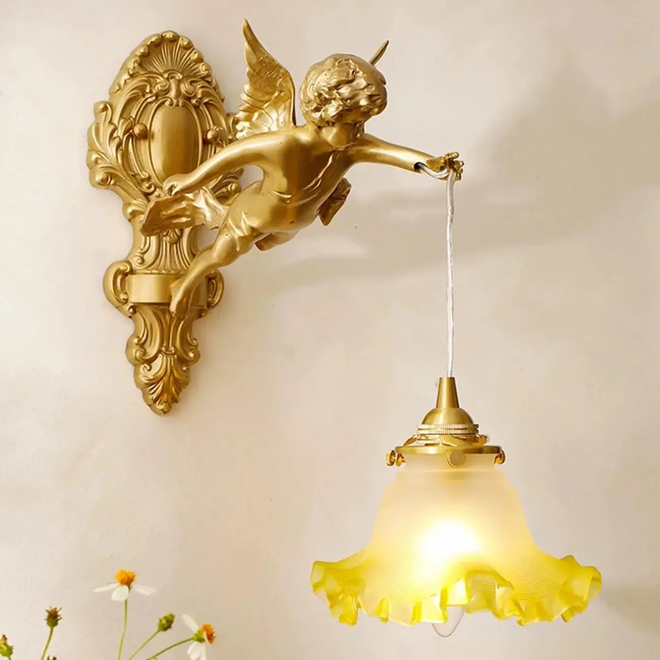 Artistic Vintage Gold Angel Wall Sconce with Crystal Shade