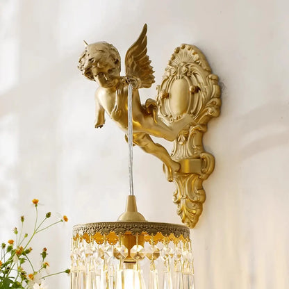 Artistic Vintage Gold Angel Wall Sconce with Crystal Shade