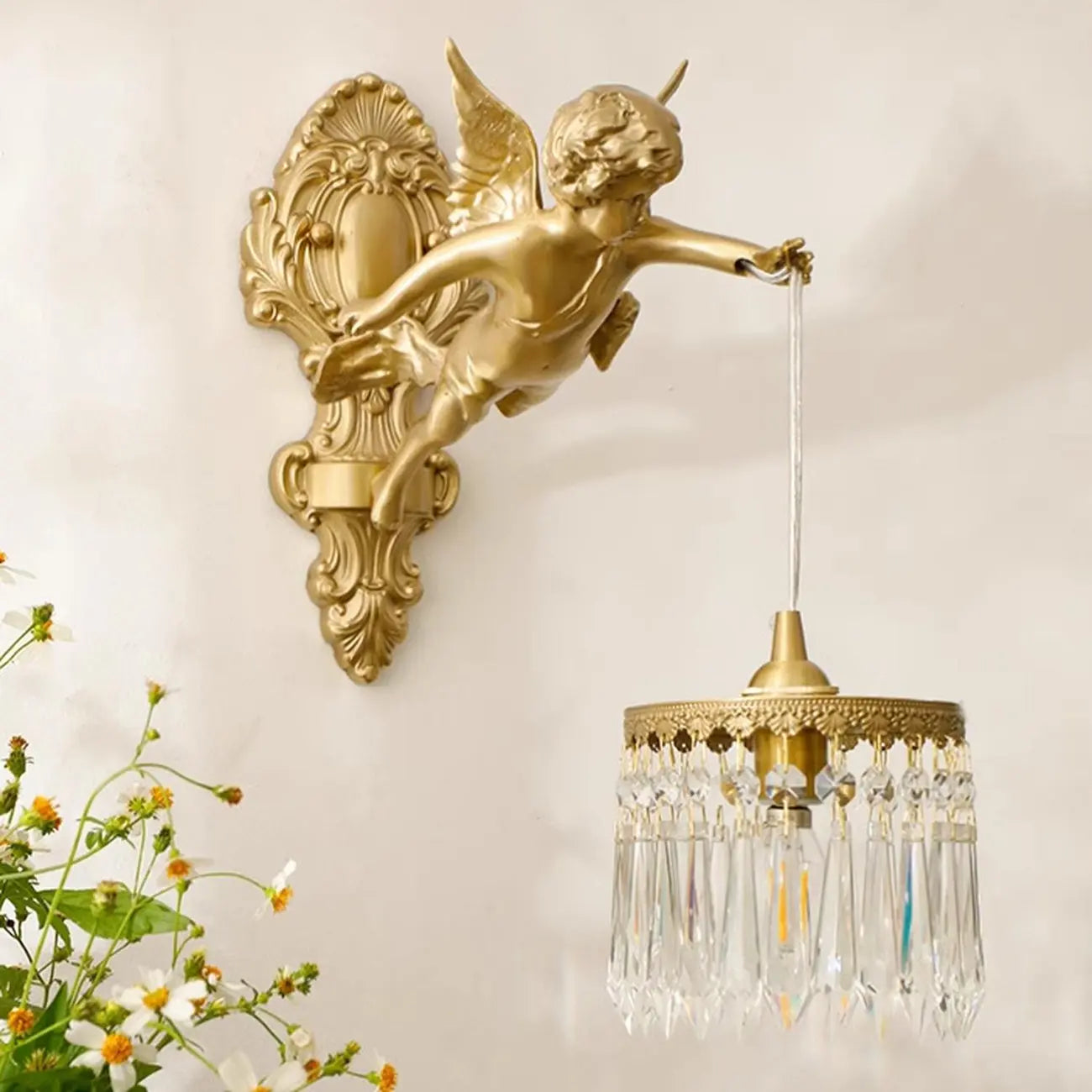 Artistic Vintage Gold Angel Wall Sconce with Crystal Shade