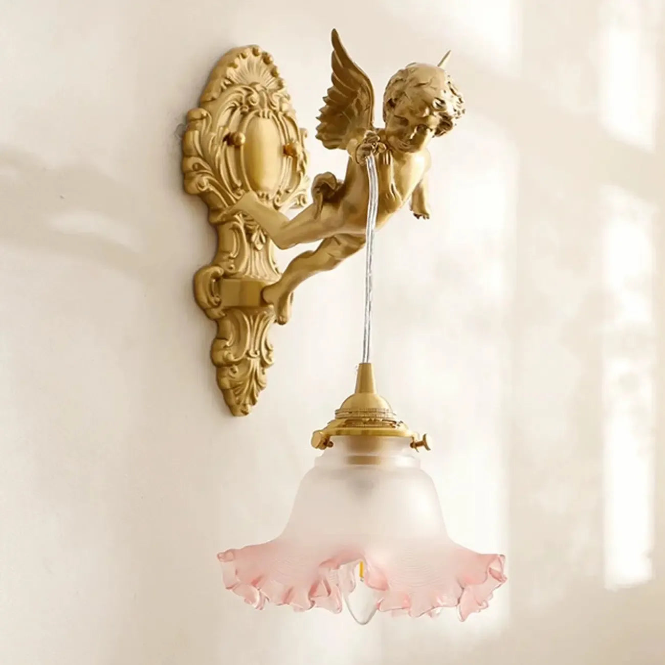 Artistic Vintage Gold Angel Wall Sconce with Crystal Shade