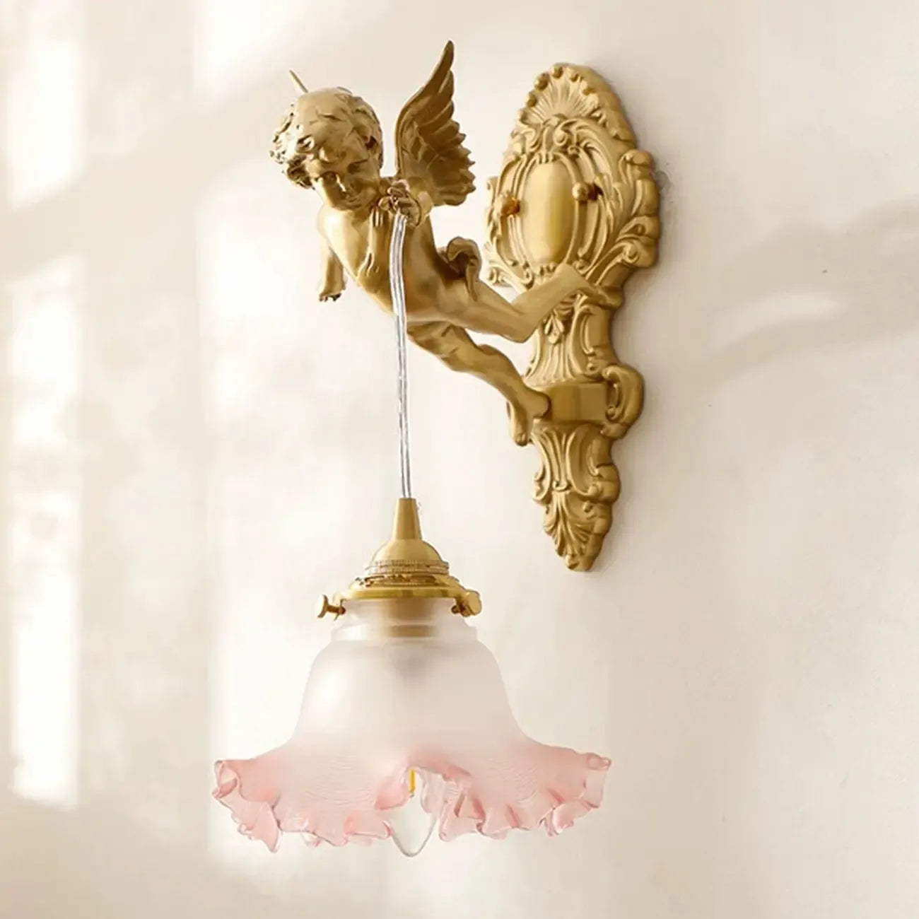 Artistic Vintage Gold Angel Wall Sconce with Crystal Shade